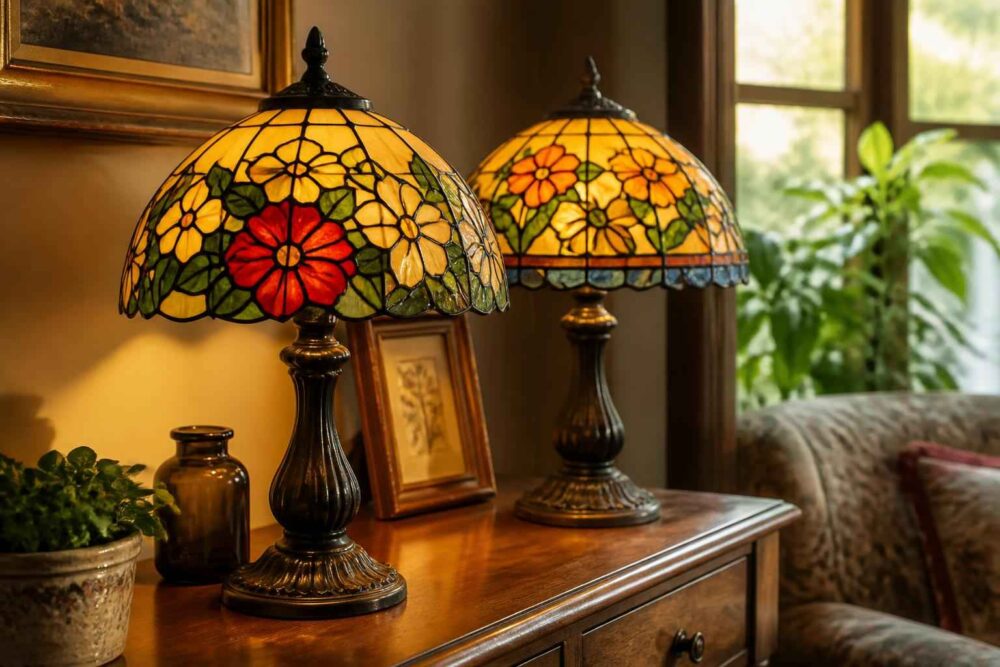 Dwie ozdobne lampy Tiffany z witrażowymi kloszami stoją na drewnianej konsoli przy oknie