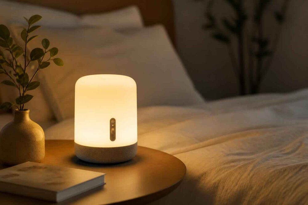 Świecąca lampka nocna na drewnianym stoliku obok łóżka i rośliny doniczkowej