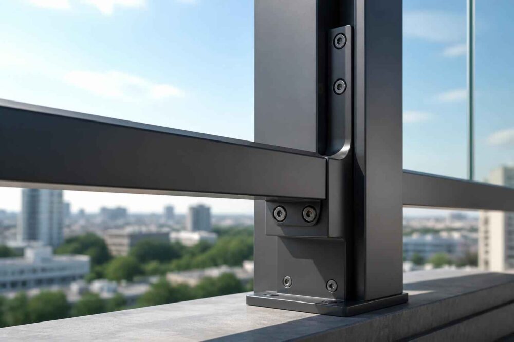 Metalowe mocowanie balustrady na tarasie z rozmytym widokiem miasta w tle