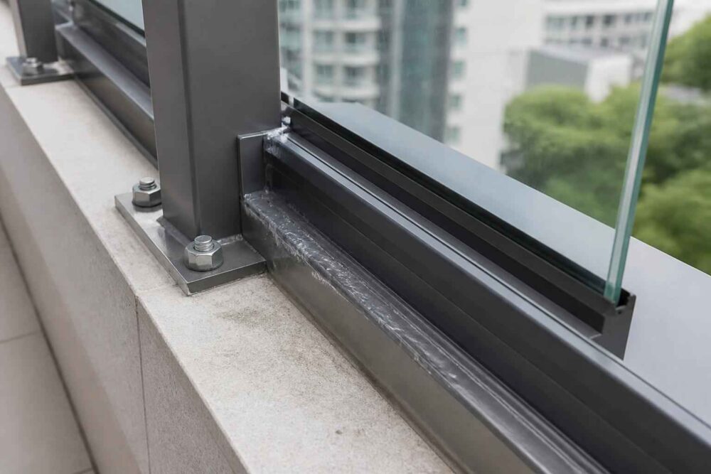 Detal mocowania szklanej balustrady do betonowej krawędzi balkonu