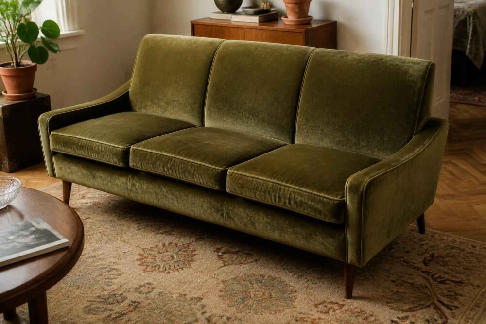 Oliwkowozielona trzyosobowa sofa na wzorzystym dywanie w przytulnym salonie