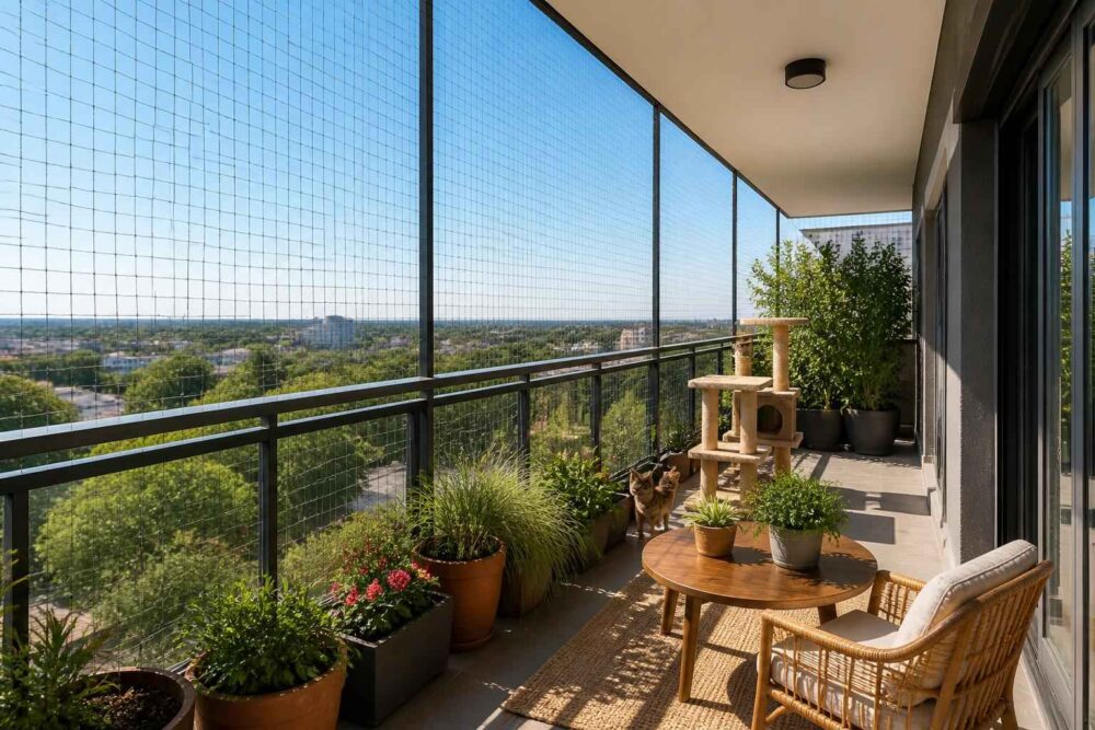 Balkon z roślinami, wiklinowym fotelem i stolikiem, z widokiem na miasto przez szklaną balustradę